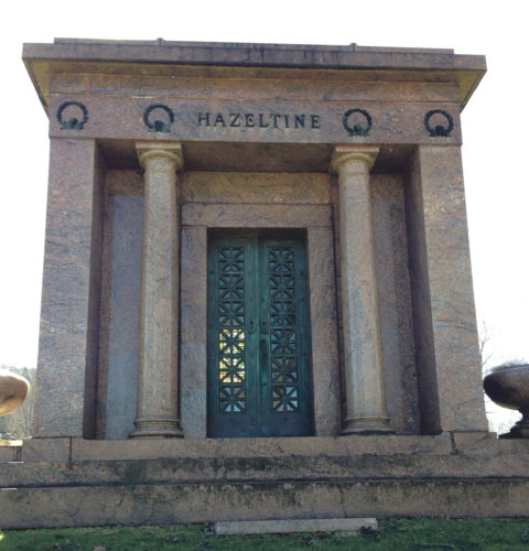Below, the Hazeltine mausoleum where A.J. Hazeltine and his family have been buried. The mausoleum is located at Oakland Cemetery on Warren's south side.